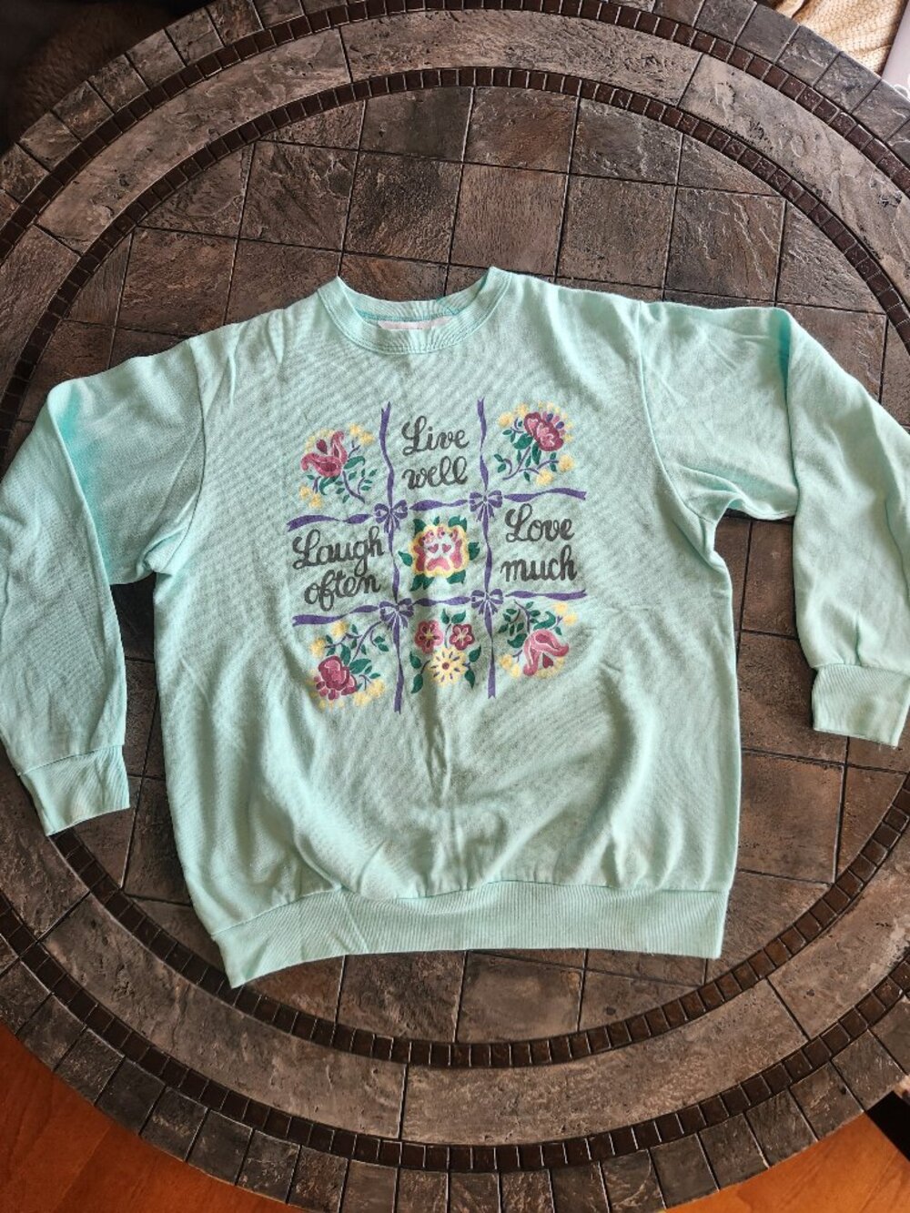 Vintage 90s Floral Graphic Sweatshirt | Cottagecore Soft Girl Mint Green